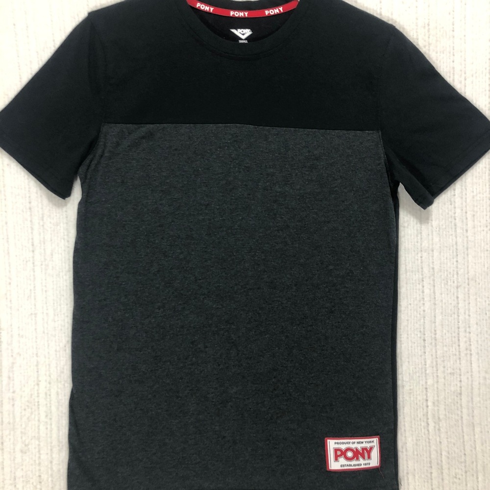 Pony Mens Small Colorblock T-Shirt Black‎ Charcoal Grey Short Sleeve Crew Neck